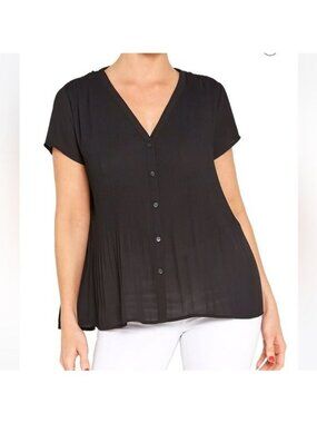 Pleione Plisse Blouse XS Short Sleeve Button Front V Neck Pleated Black Chic NEW